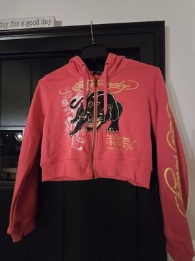 Ed Hardy Hot Pink Cropped Zip-Up Hoodie with Panther Motif Small